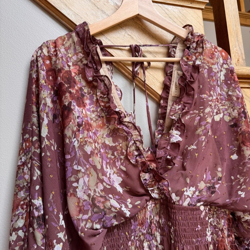 Boho Floral Smocked Waist Ruffle Mini Dress Burgundy Fairy Goblincore Sm Derby - Picture 5 of 11